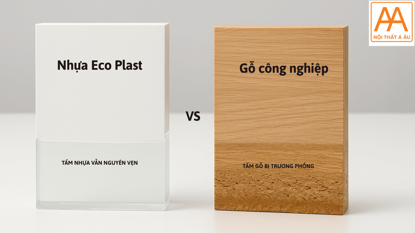 So sánh khả năng chống nước vượt trội của tấm nhựa Ecoplast so với gỗ công nghiệp khi thi công tủ bếp.