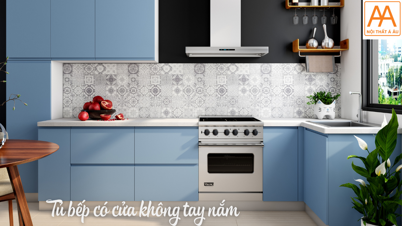 Tủ bếp nhựa có cửa không tay nắm hiện đại