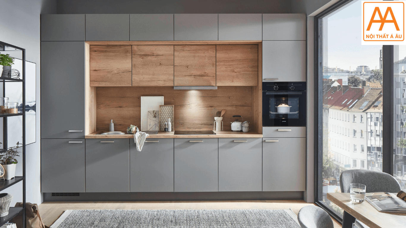 Tủ bếp nhựa chữ I nhỏ gọn màu xám xi măng phủ Laminate cho chung cư.