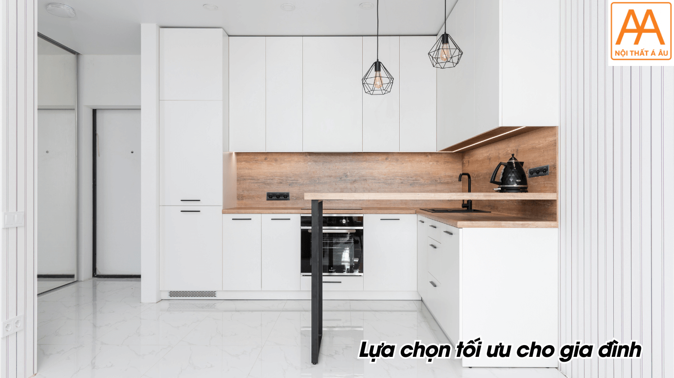 Mẫu tủ bếp nhựa Ecoplast màu vân gỗ sồi ấm cúng và hiện đại.