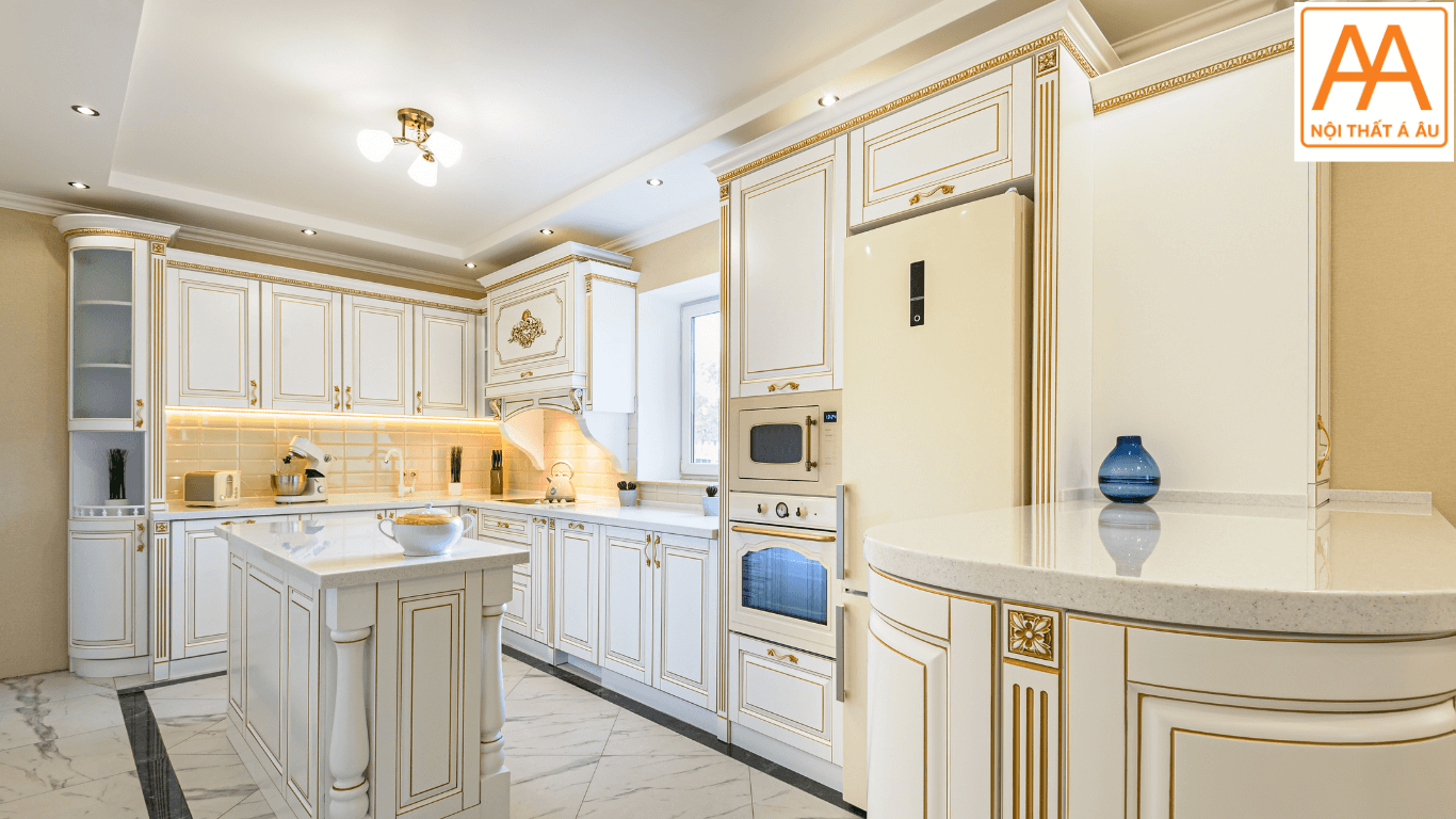 Tủ bếp nhựa phong cách tân cổ điển màu trắng được sơn men bóng tinh xảo.