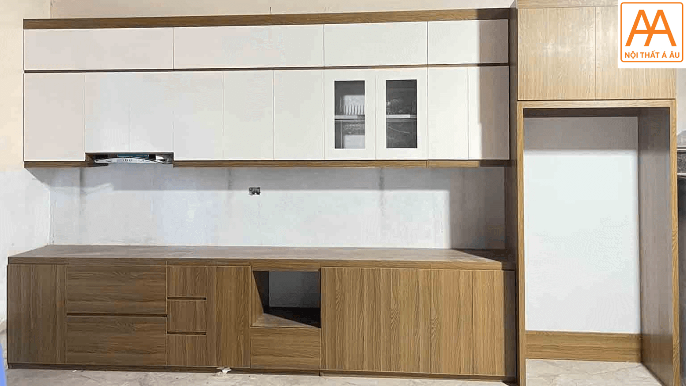 Mẫu tủ bếp nhựa giả gỗ chữ I nhỏ gọn, hiện đại cho chung cư.