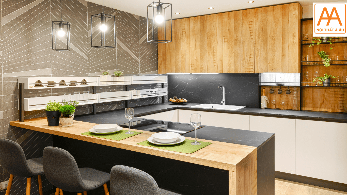Tủ bếp nhựa giả gỗ phong cách Bắc Âu có quầy bar tiện lợi.
