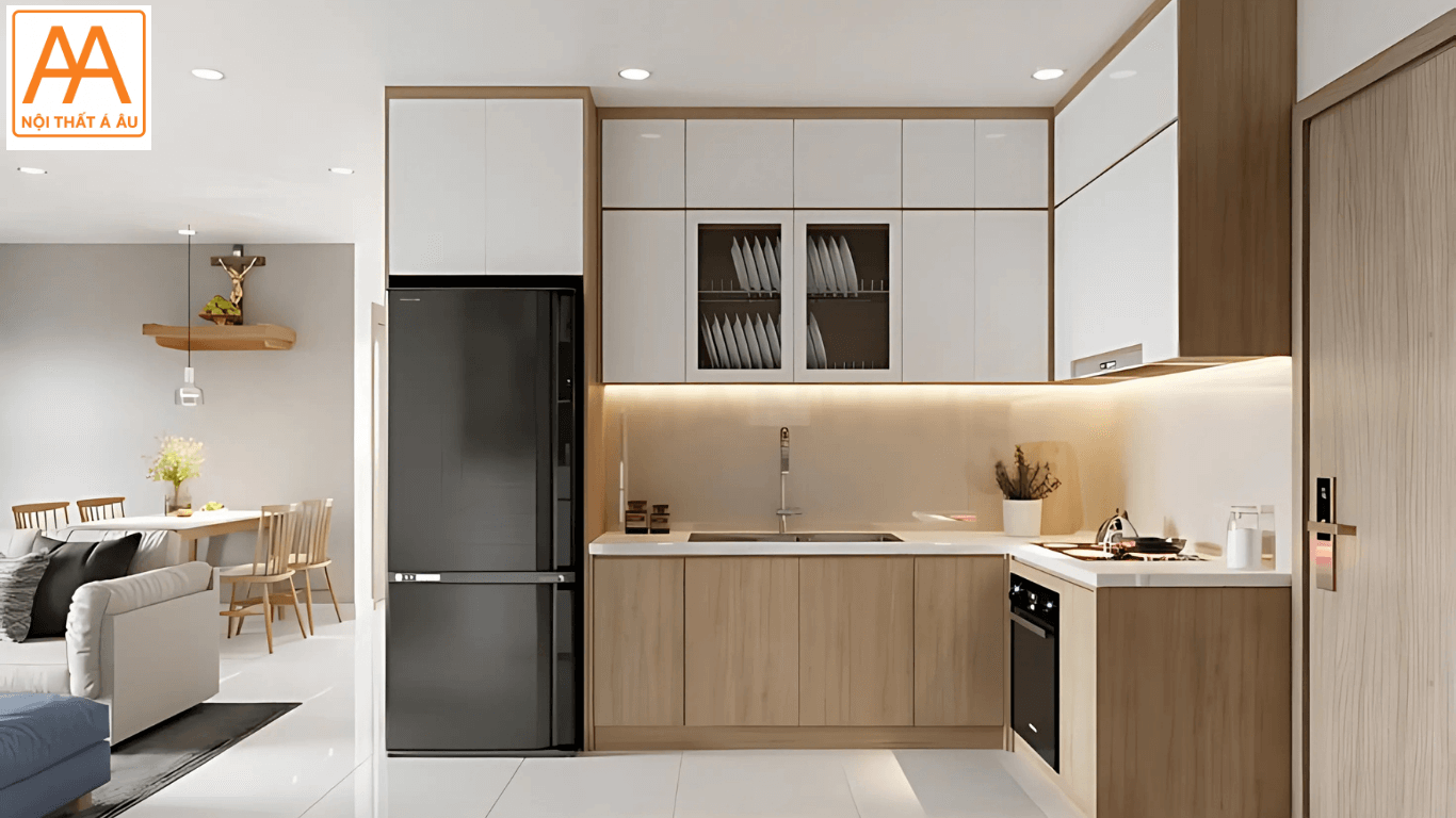 Tủ bếp nhựa Vincoplast giả gỗ màu sồi sáng, giá tốt cho căn hộ chung cư.