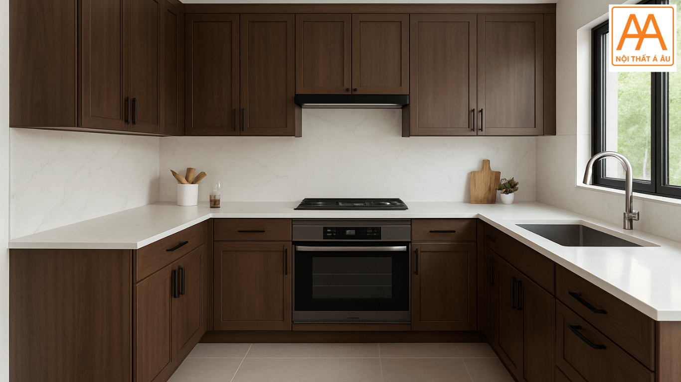 Góc tủ bếp cao cấp sử dụng nhựa PVC phủ Laminate vân gỗ chống trầy xước.