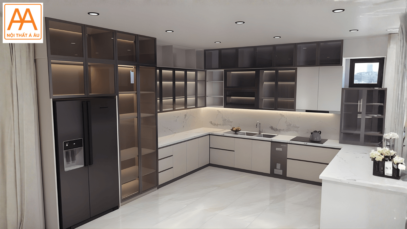 Tủ bếp nhựa cánh kính cường lực bền đẹp với thời gian