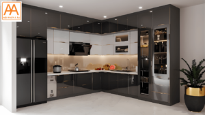 Tủ bếp nhựa cánh kính màu đen luxury cao cấp
