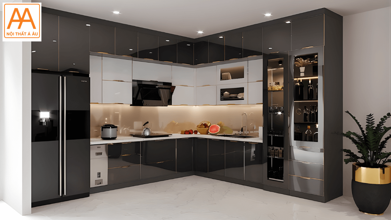 Tủ bếp nhựa cánh kính màu đen luxury cao cấp